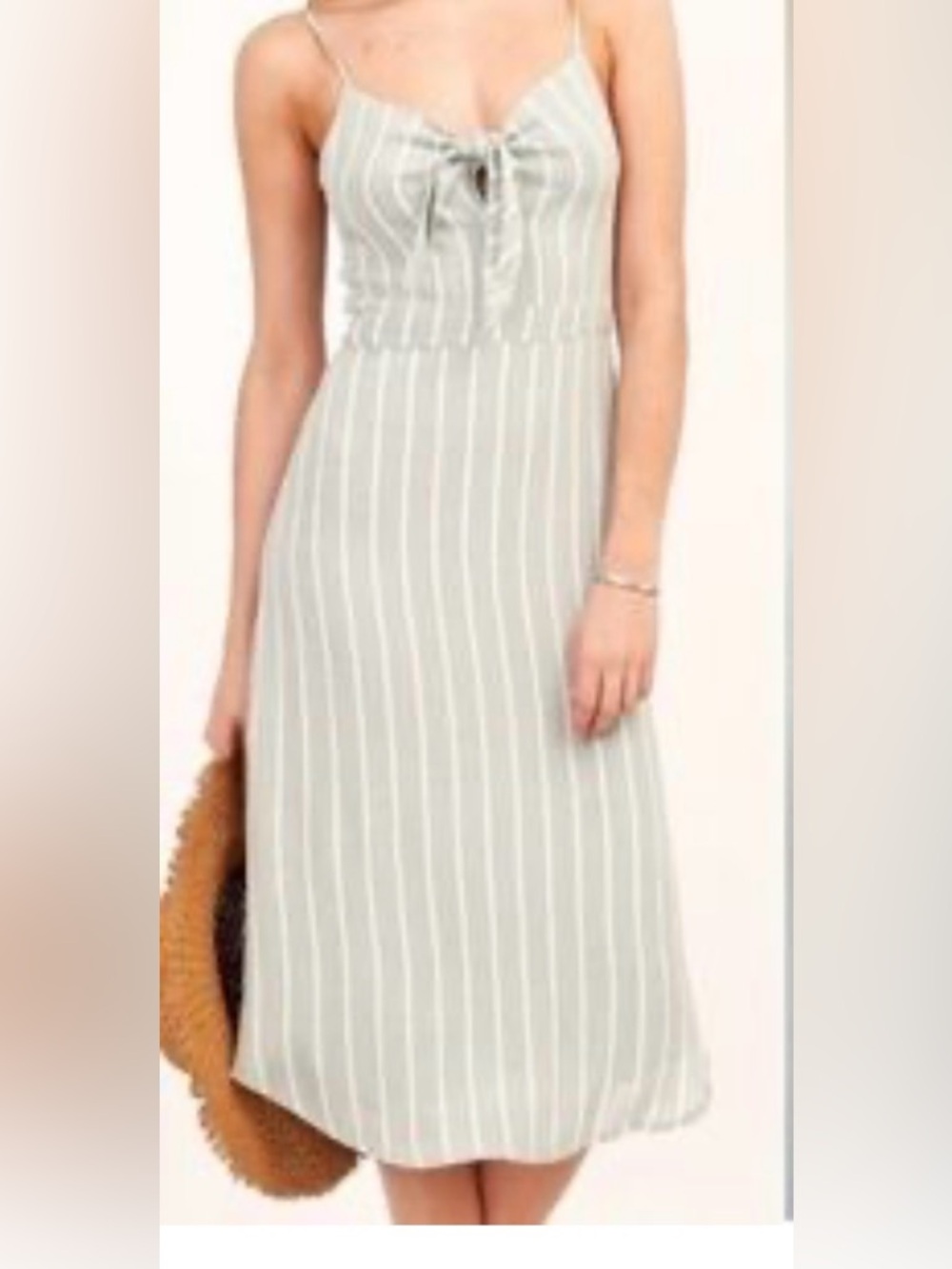 Olivaceous Sage Green and White Striped Spaghetti‑Strap Maxi Dress